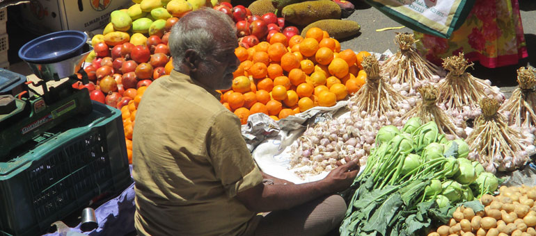 Man sitting at his vegetables stall and giving the shoulders to the camera