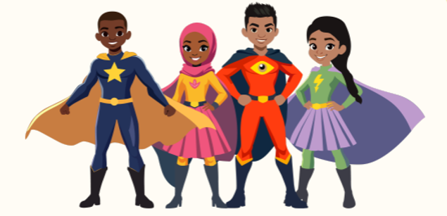 The four illustrated superheroes featured in the Heroes Journey nutrition education game