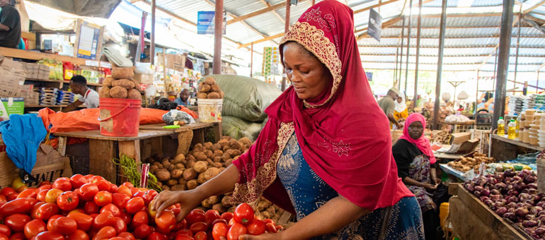 A lady picking tomatoes in a market wearing a red veil