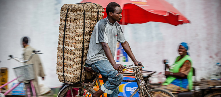 Man biking with eggs