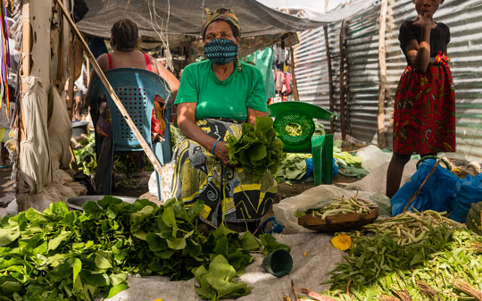 Woman in Beira market selling lettuce while wearing a mask 