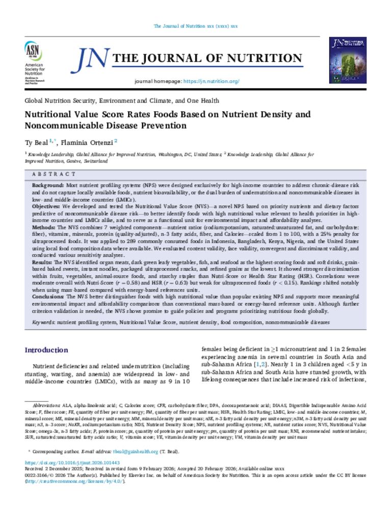 Nutritional Value Score Rates Foods Based on Nutrient Density and Noncommunicable Disease…