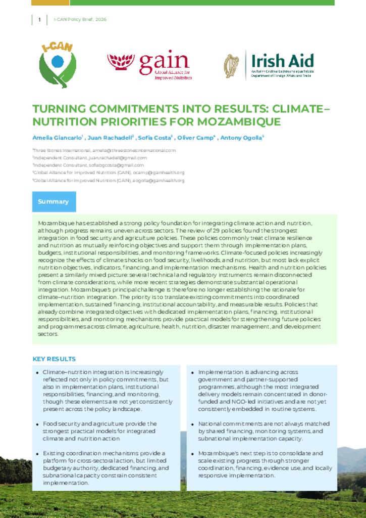 Policy Brief I-CAN: Landscaping Analysis On Climate And Nutrition Policies In Mozambique.