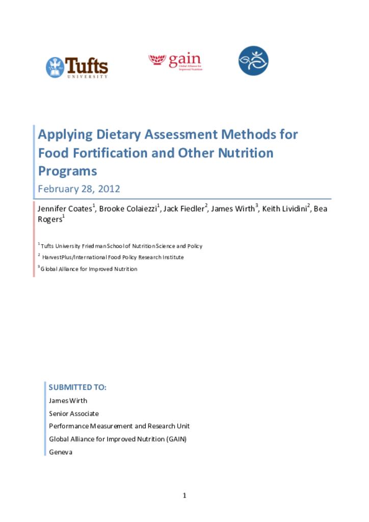 Applying dietary assessment methods for food fortification and other nutrition programs