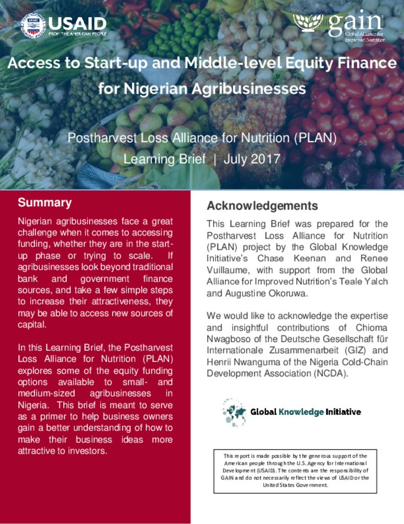 Access to start up and middle level equity finance for Nigerian agribusinesses