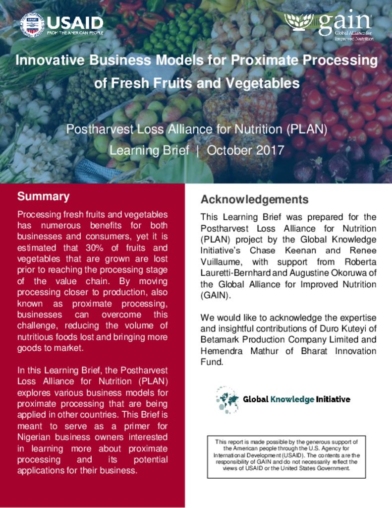 Innovative business models for proximate processing of fresh fruits vegetables