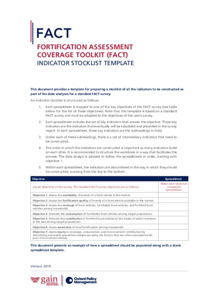 Fortification assessment coverage toolkit (FACT) indicator stocklist template