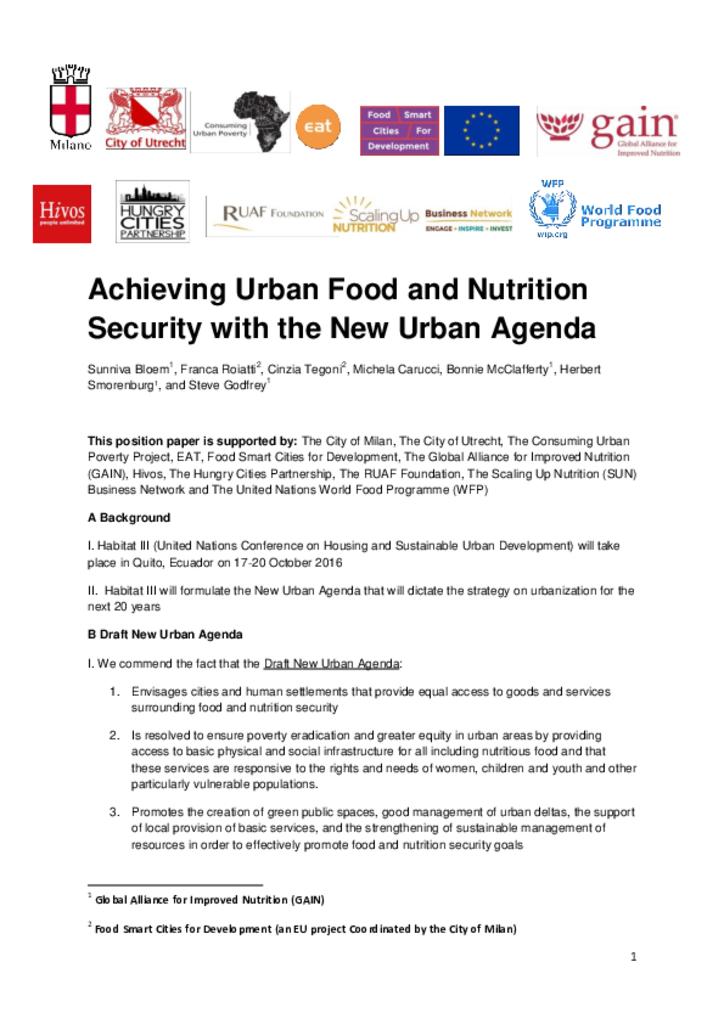 Achieving urban food and nutrition security with the new urban agenda