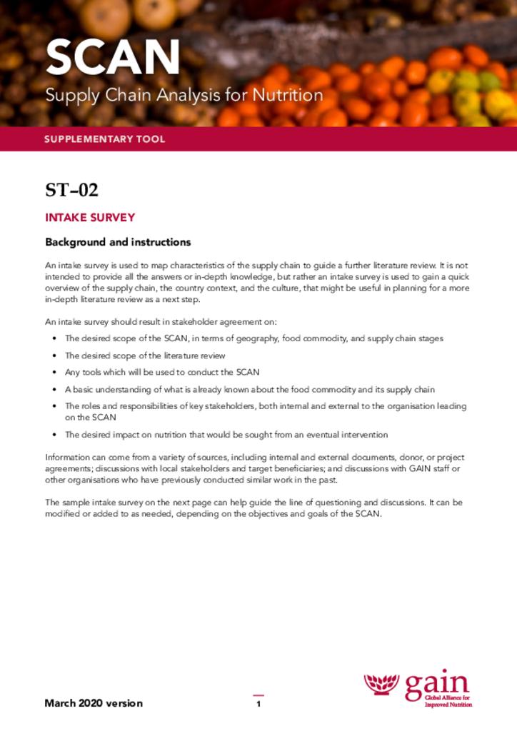 Supply Chain Analysis for Nutrition (SCAN) ST2 sub-tool intake survey