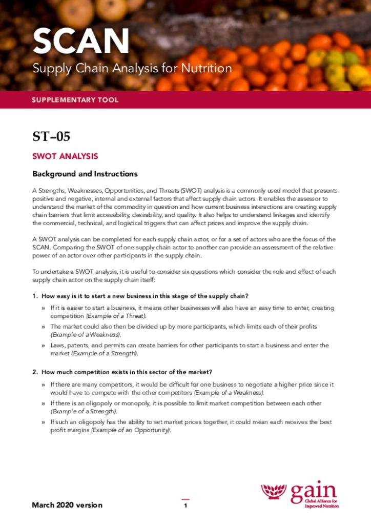 Supply Chain Analysis for Nutrition (SCAN) ST5 sub-tool SWOT analysis