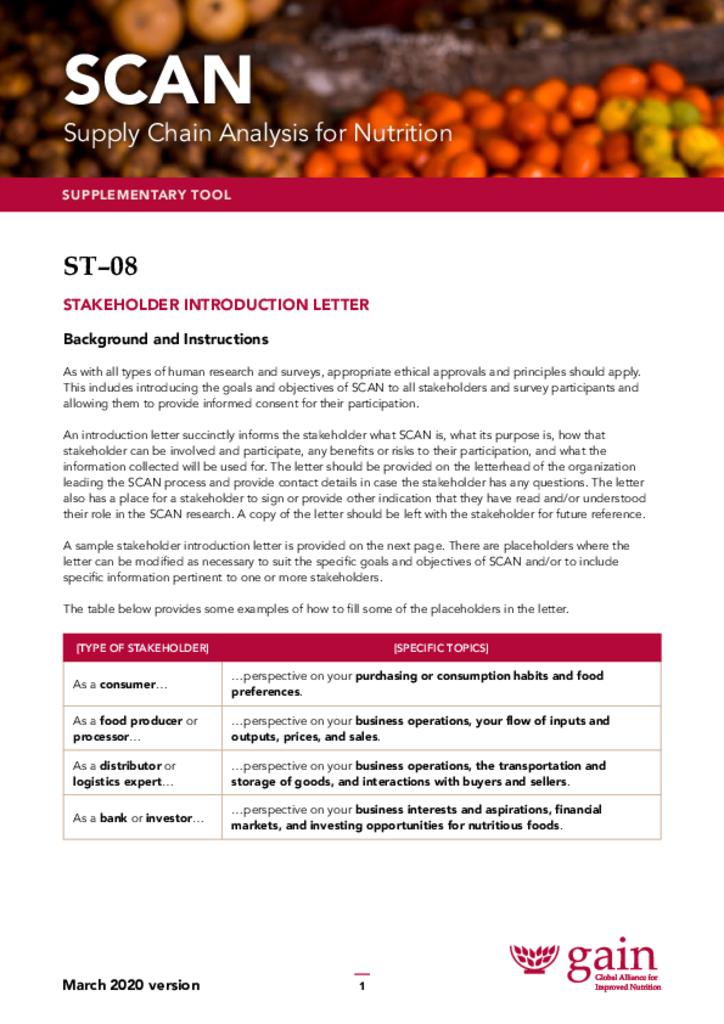 Supply Chain Analysis for Nutrition (SCAN) ST8 sub-tool stakeholder introduction guide