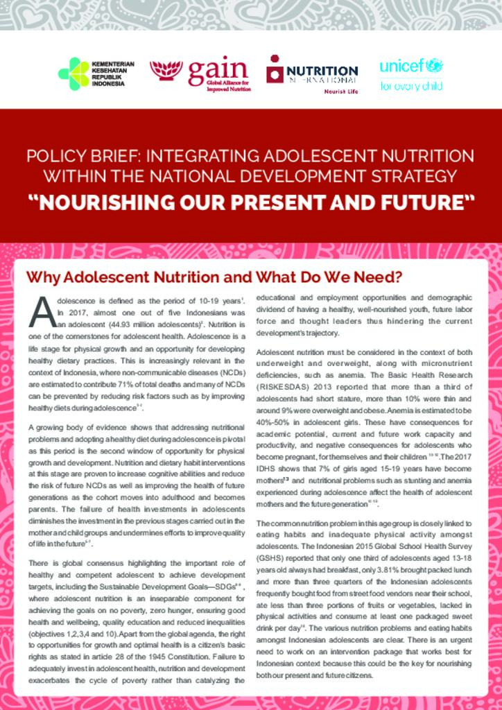 Policy brief - integrating adolescent nutrition within the national development strategy …