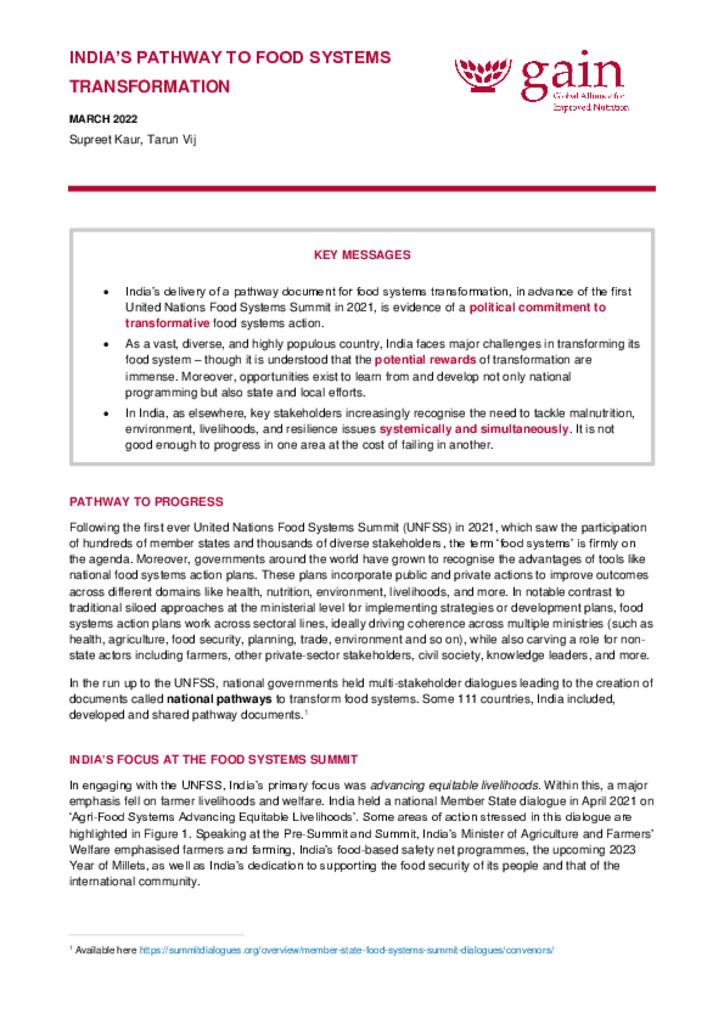 India's pathway to food systems transformation