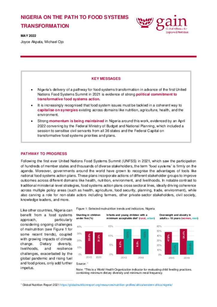 GAIN Policy Brief - Nigeria on the path to food systems transformation