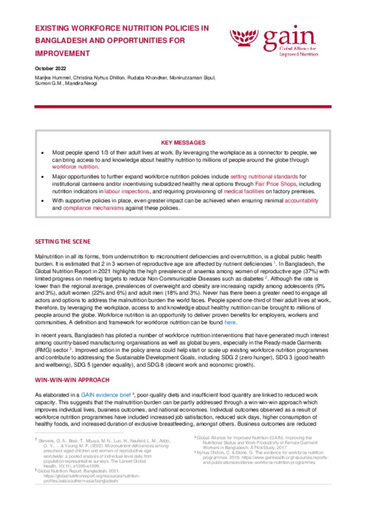 Existing workforce nutrition policies in Bangladesh and opportunities for improvement