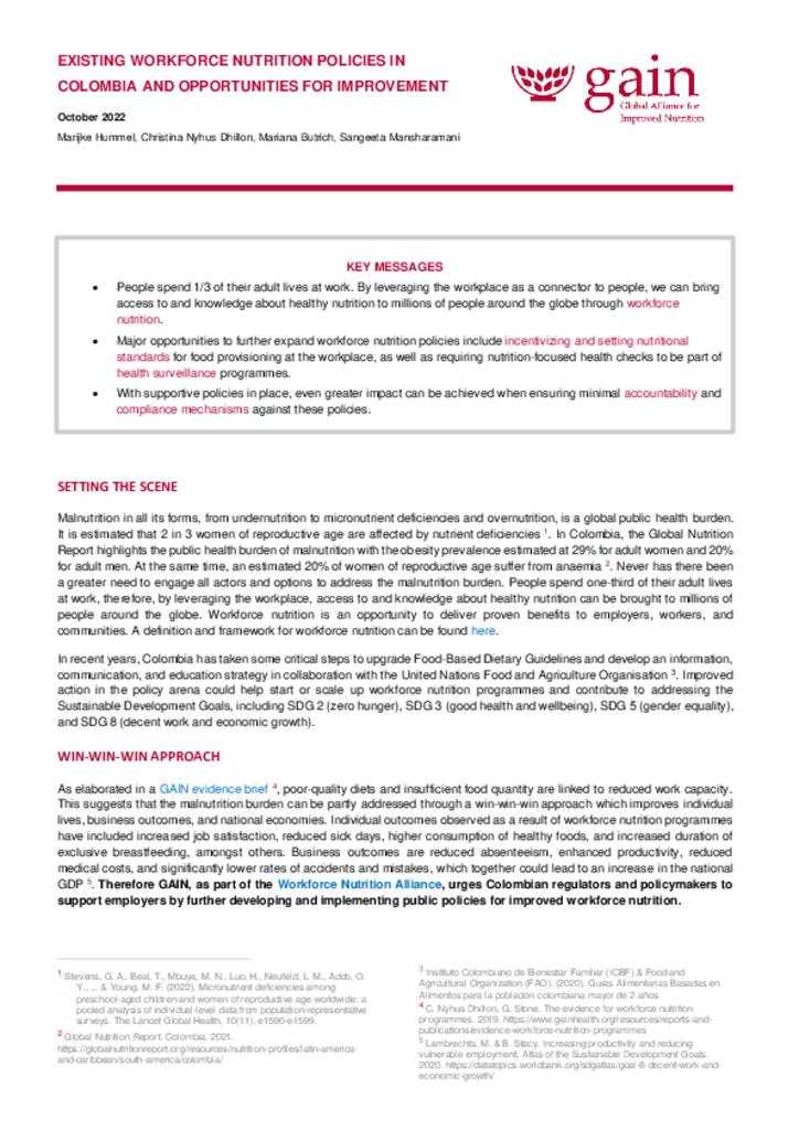 Existing workforce nutrition policies in Colombia and opportunities for improvement