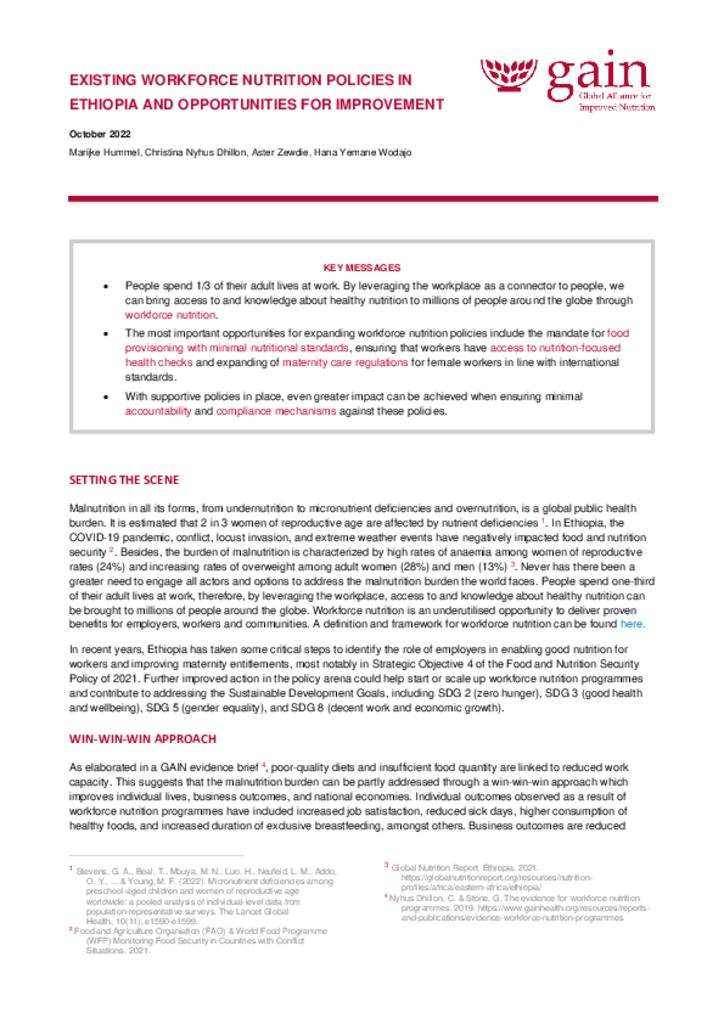 Existing workforce nutrition policies in Ethiopia and opportunities for improvement