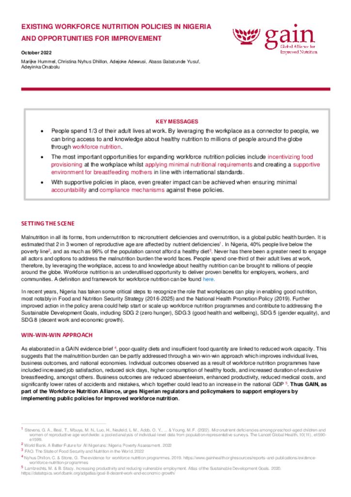 Existing workforce nutrition policies in Nigeria and opportunities for improvement