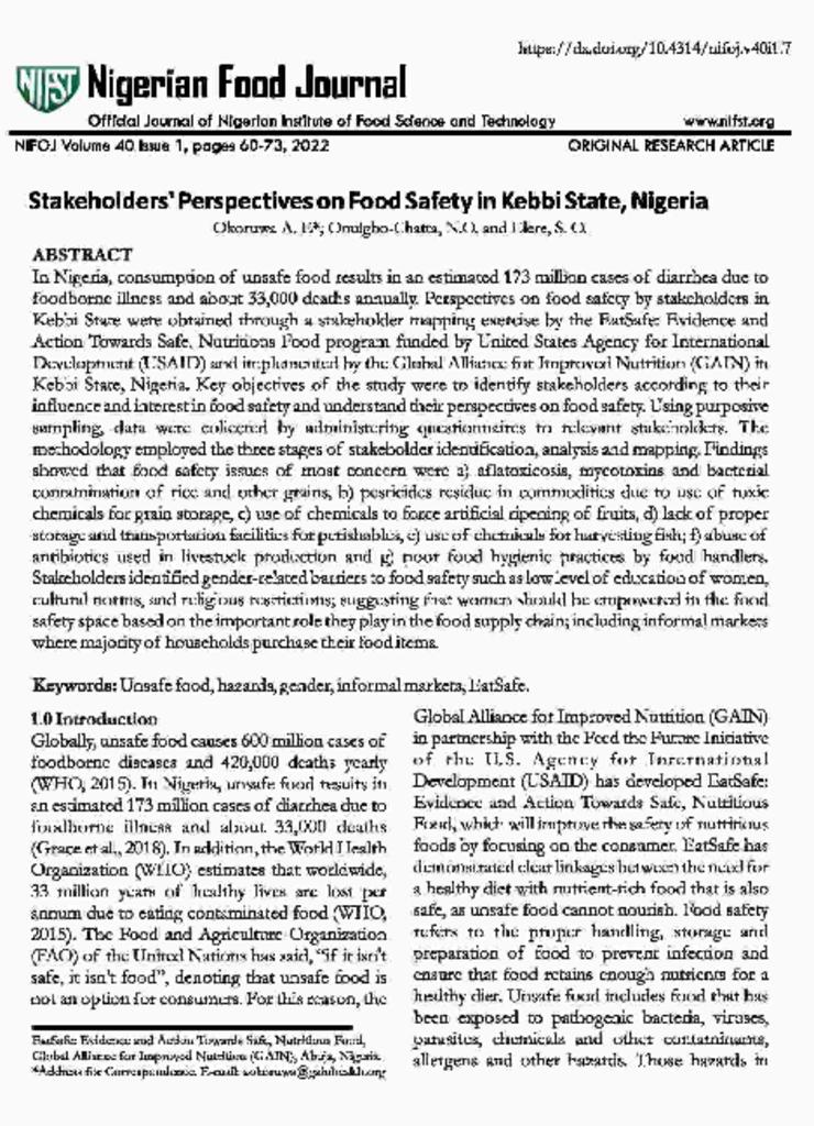 Stakeholders' Perspectives on Food Safety in Kebbi State, Nigeria