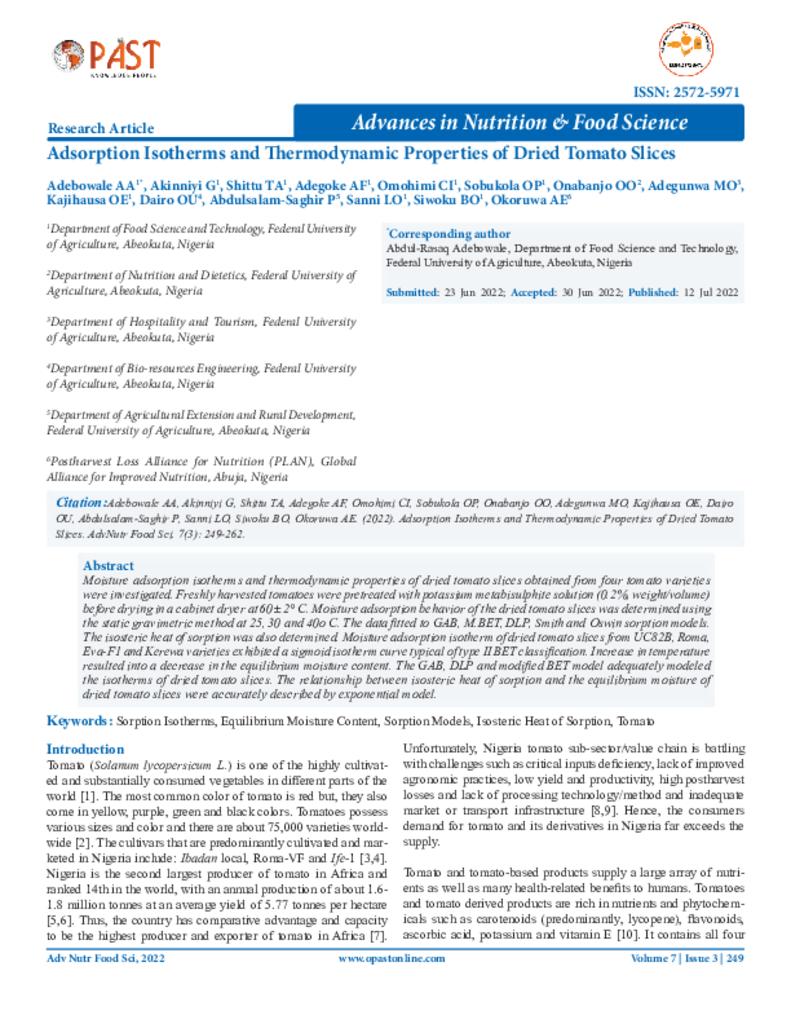 Adsorption Isotherms and Thermodynamic Properties of Dried Tomato Slices