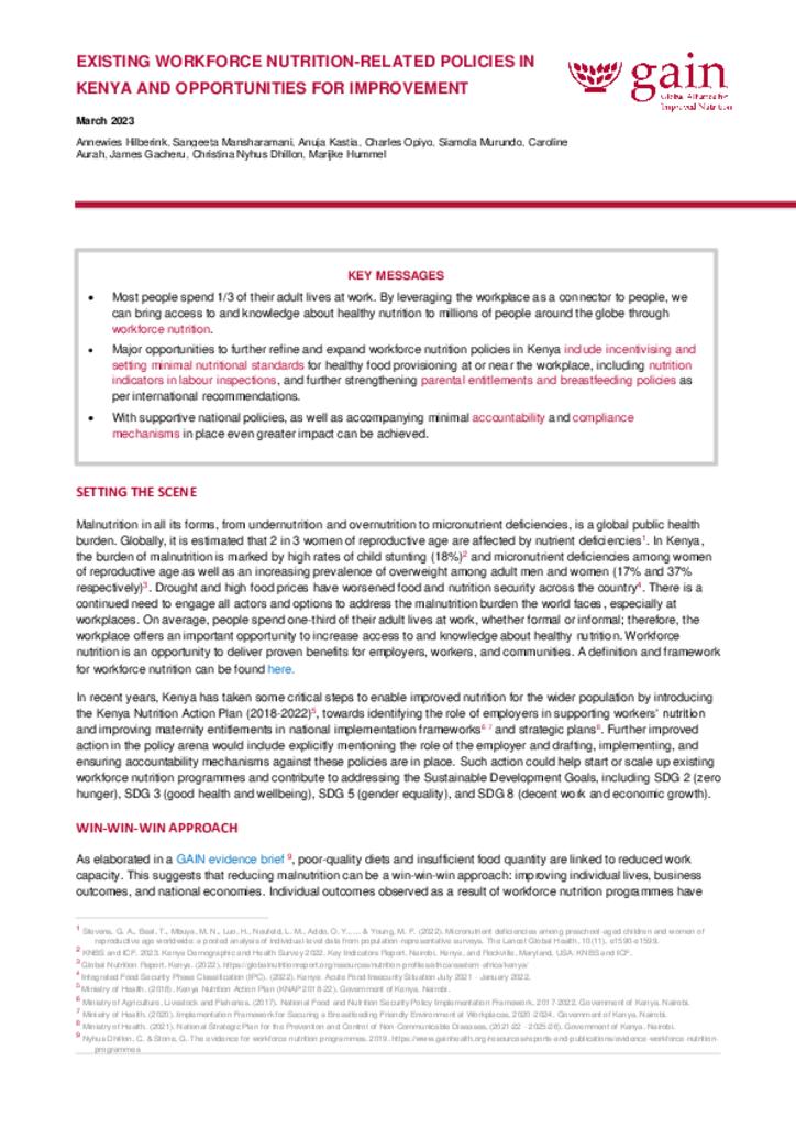 Existing Workforce nutrition-related policies in Kenya and opportunities for improvement