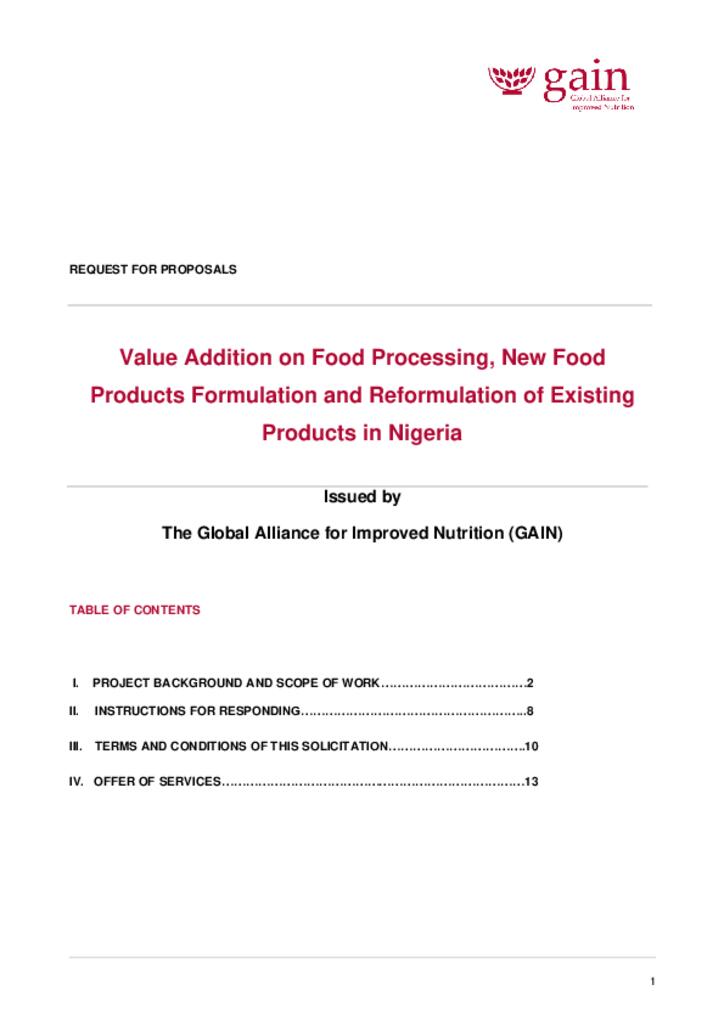 RFP_Value Addition on Food Processing, New Food Products Formulation and Reformulation of…