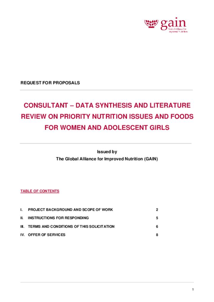 Consultant – Data Synthesis and Literature Review on Priority Nutrition Issues and Foods…