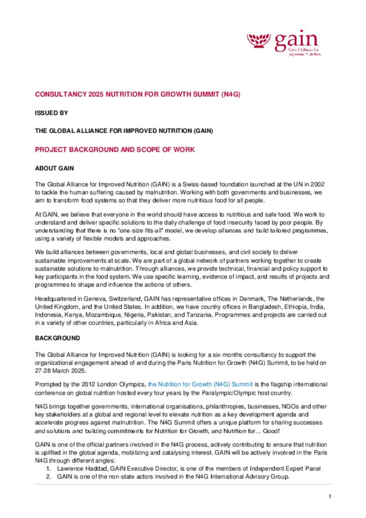 Consultancy 2025 Nutrition for Growth Summit (N4G)