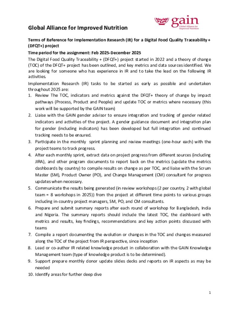Terms of Reference for Implementation Research (IR) for a Digital Food Quality…