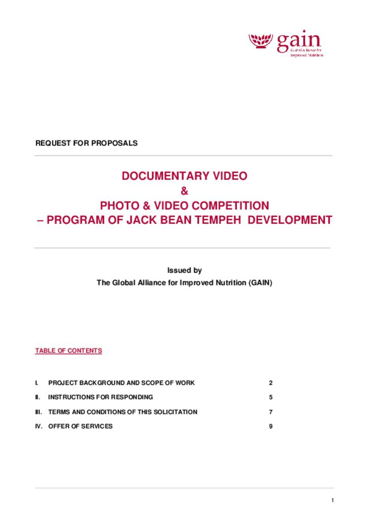 RFP for Documentary Video & Photo & Video Competition – Program Of Jack Bean Tempeh…