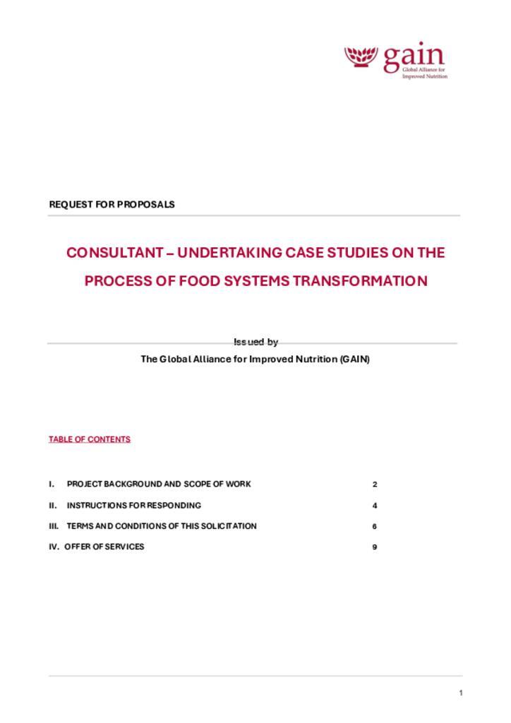 RFP for: Consultant – Undertaking Case Studies On The Process Of Food Systems…