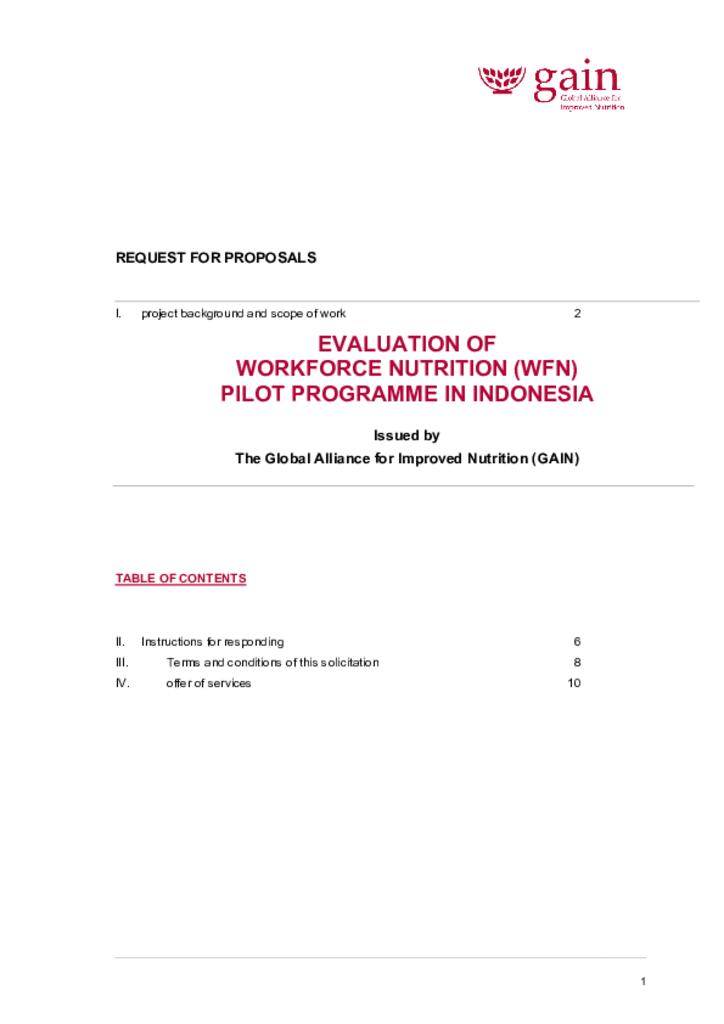 RFP For Evaluation Of Workforce Nutrition (Wfn) Pilot Programme In Indonesia