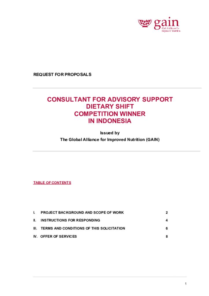 CONSULTANT FOR ADVISORY SUPPORT DIETARY SHIFT COMPETITION WINNER IN INDONESIA