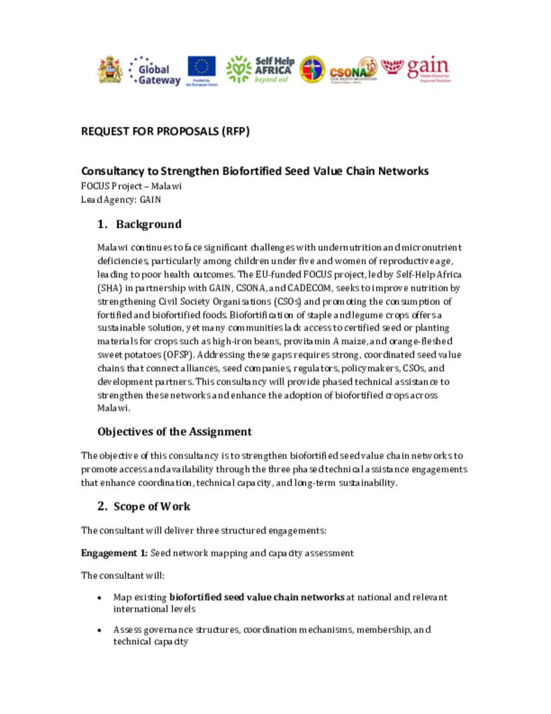 REQUEST FOR PROPOSALS (RFP) Consultancy to Strengthen Biofortified Seed Value Chain…