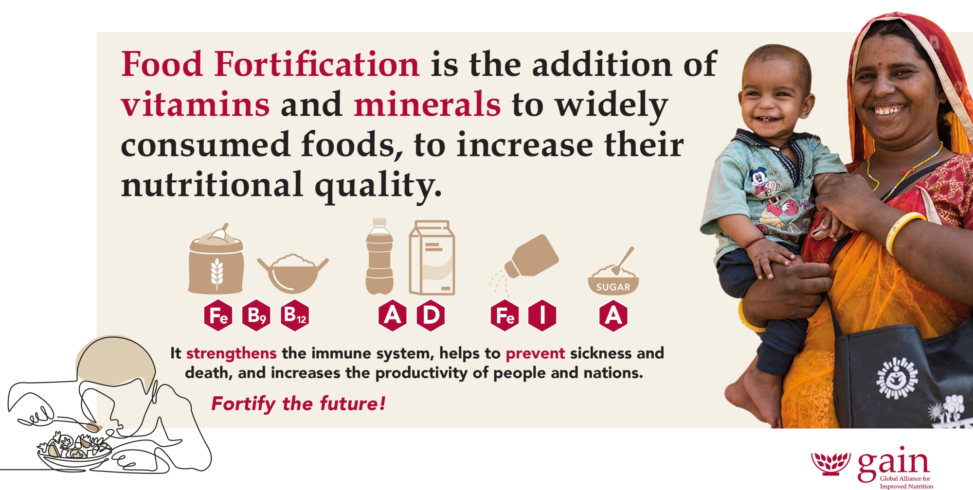 a woman with child and a caption reading "Food Fortification is the addition of vitamins and minerals to widely consumed foods, to increase their nutritional quality"