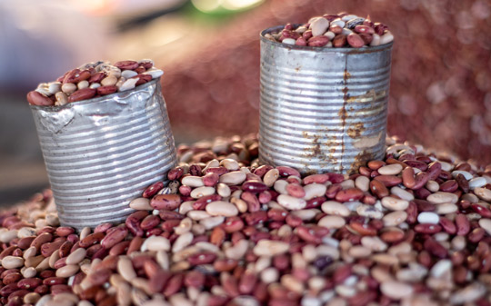 Two silvers cans of brown beans