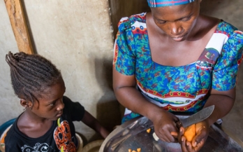 Mother cutting sweet potato while her child is observing her