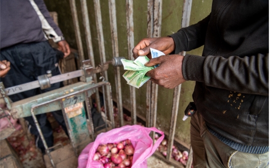A person counts money next to a scale in a market. A pink bag filled with red onions sits on the ground. The scene conveys a routine transaction.