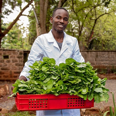 Man holding red basket with vegetables